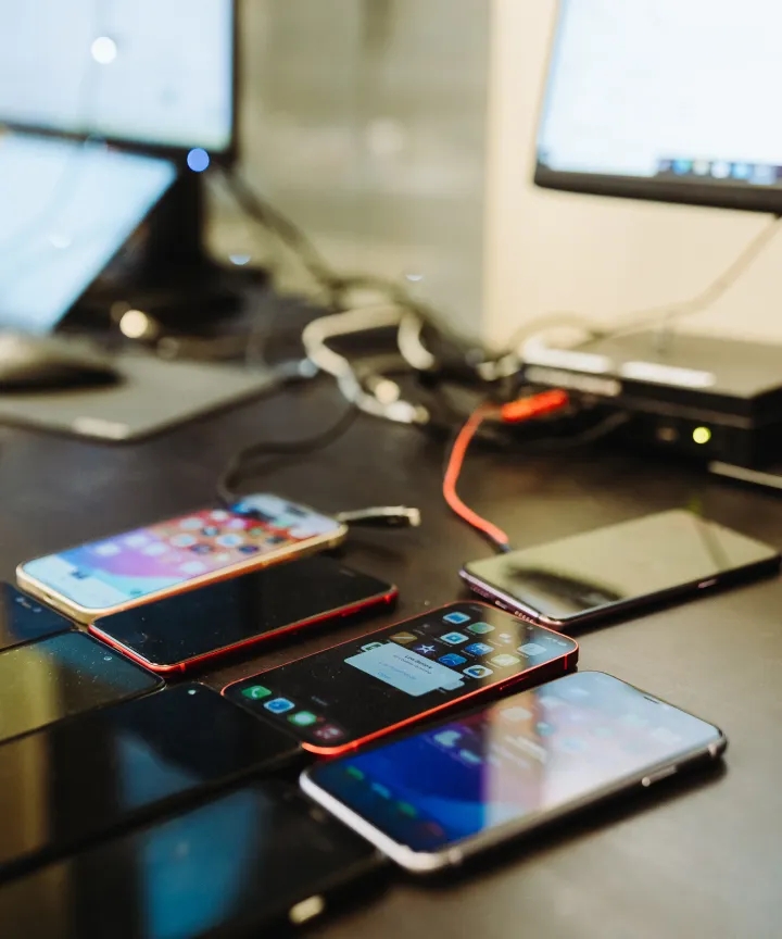 Various smartphones set up on a desk for compatibility testing.