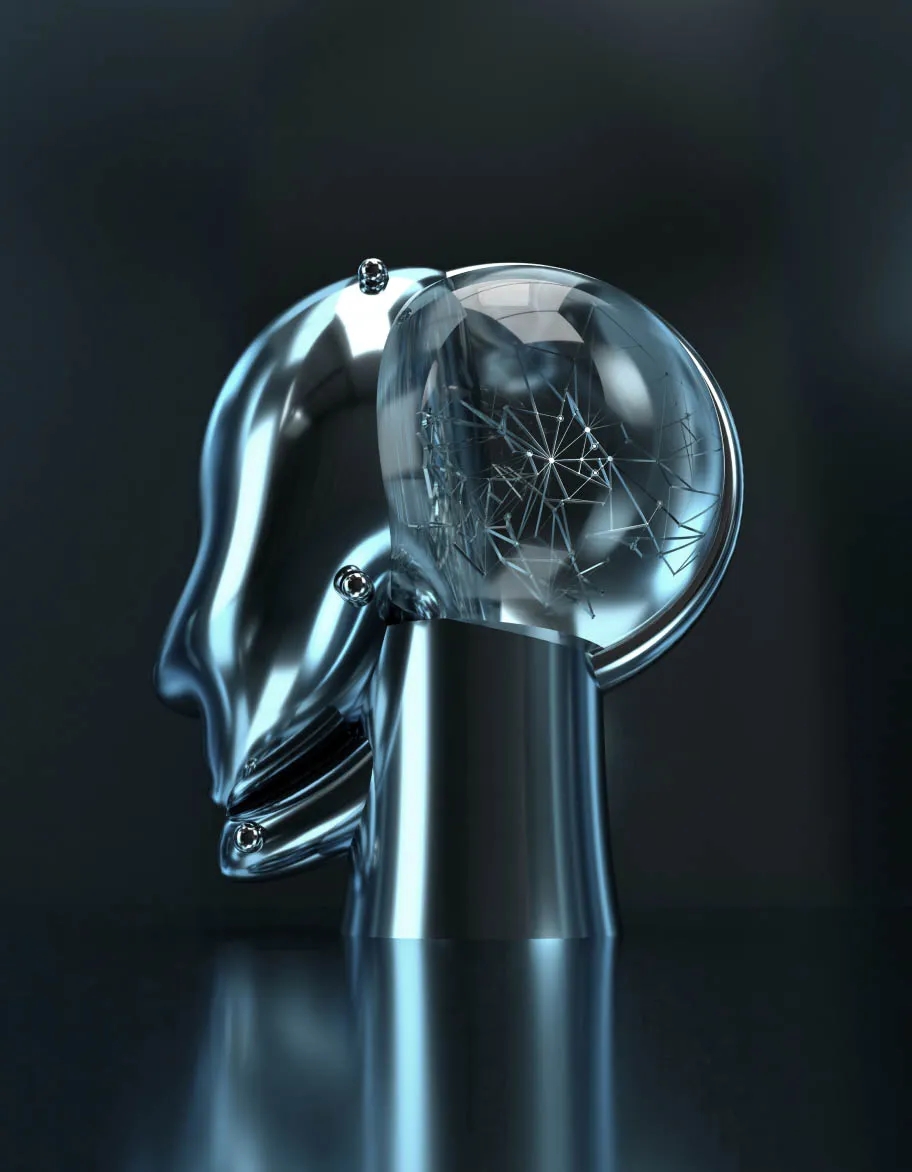 Illustrative glass head standing in pitch black environment.