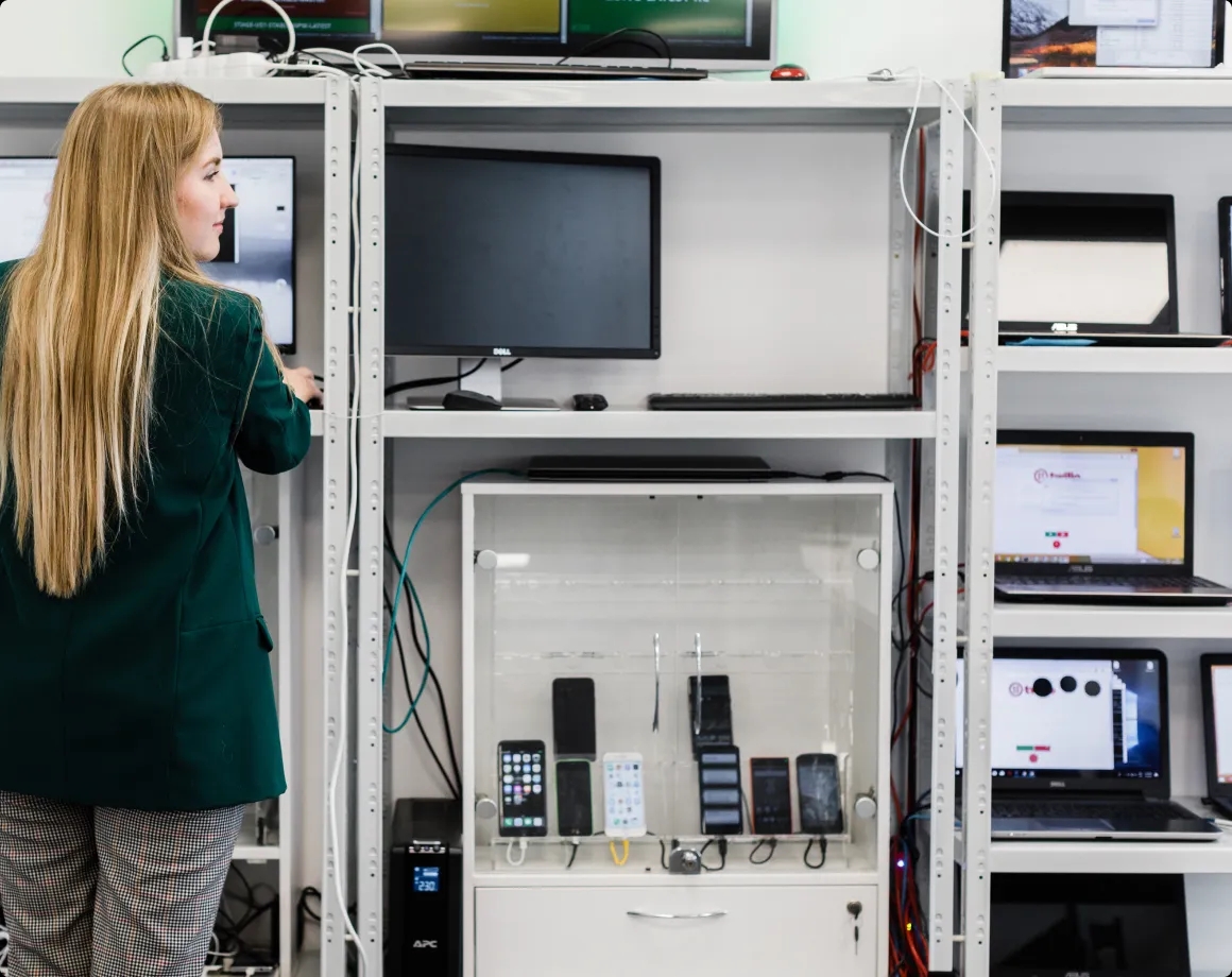 A QA engineer standing next to a test device rack.