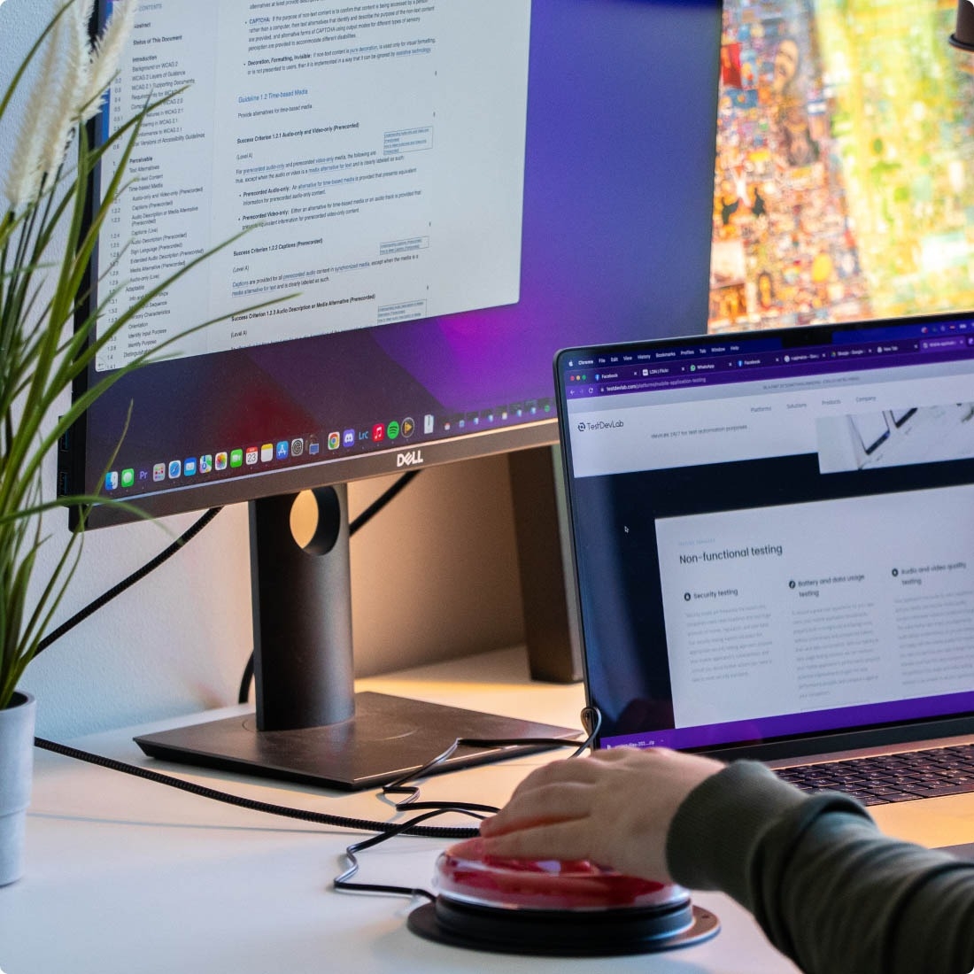 Software QA engineer performing accessibility testing on a laptop and desktop computer.