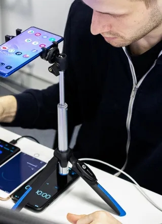 QA engineer sitting at the desk, working on a project with multiple mobile devices.