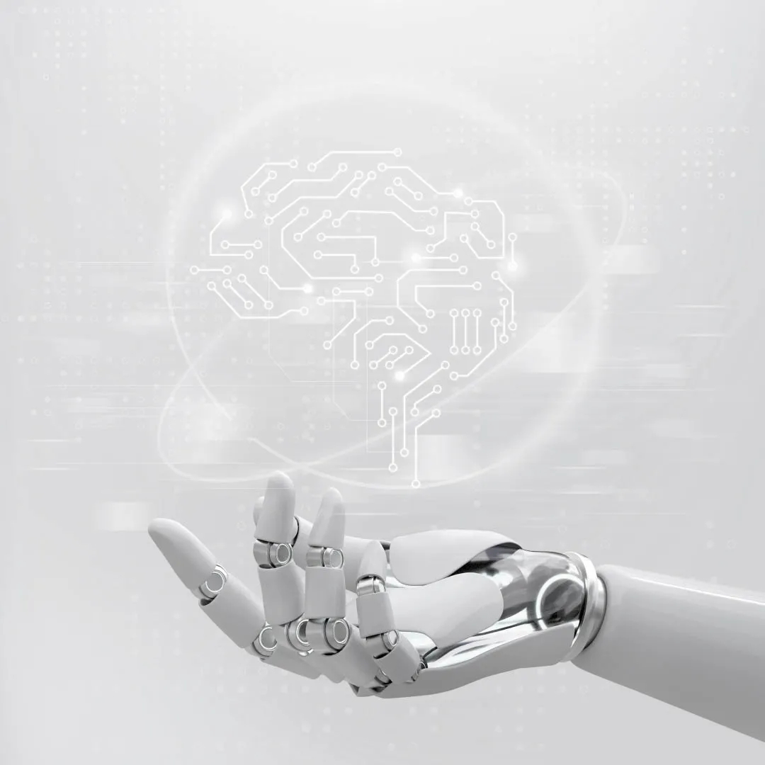 White robot hand with a white hologram on top of it.
