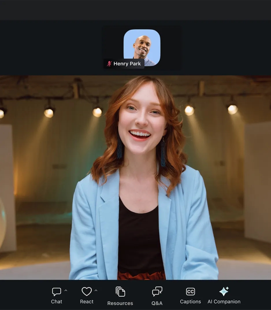 Zoom meeting interface showing AI Companion features including captions and transcription