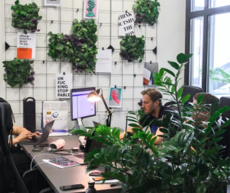 Office environment, with two QA engineers sitting at their desks, working on their projects