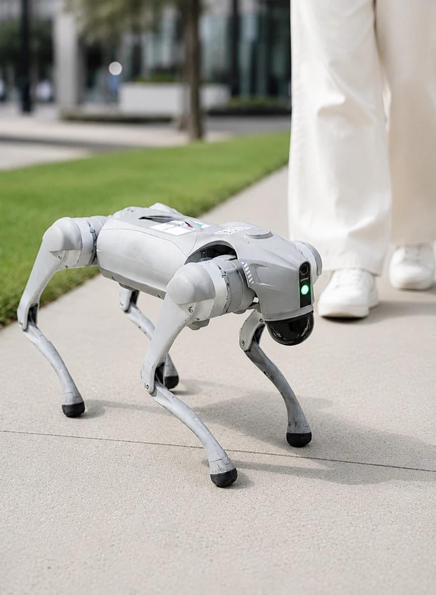 A white quadruped robot dog walking on a paved path beside a person