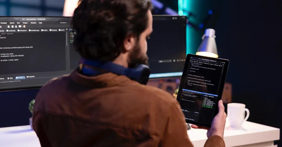 A man looking at a tablet