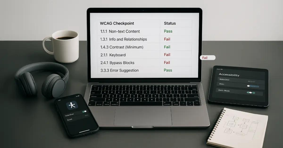 Laptop screen showing an accessibility WCAG checklist and pass-fail status.