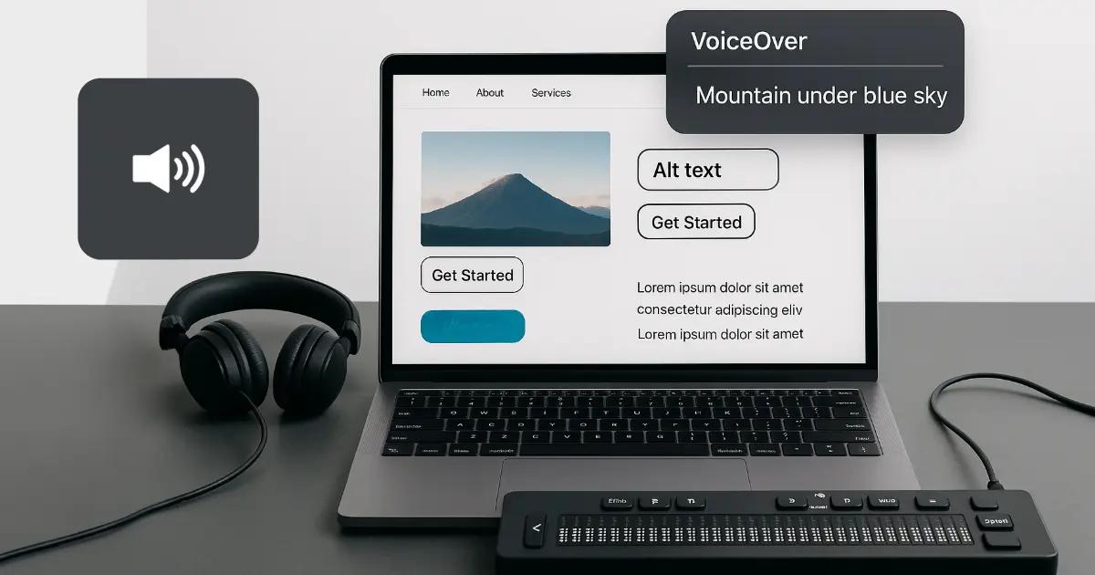 Laptop connected to a Braille keyboard with screen reader.