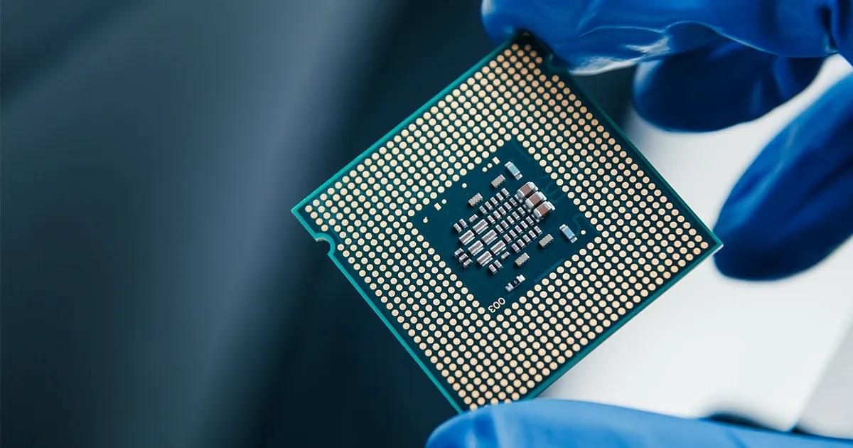 Hand in rubber glove holding a chip