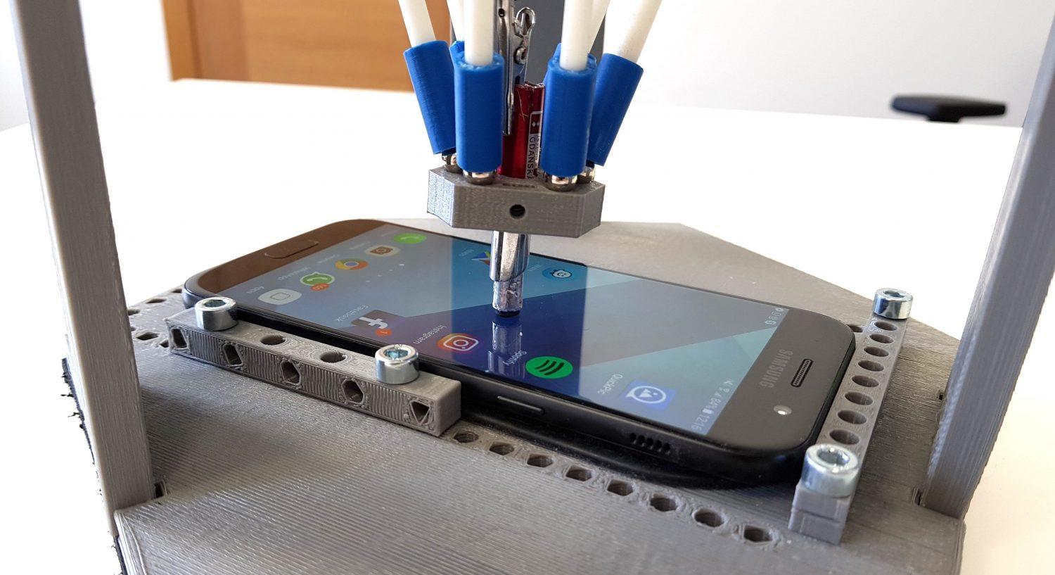 A robot for automated manual mobile testing built by TestDevLab called Tappy 