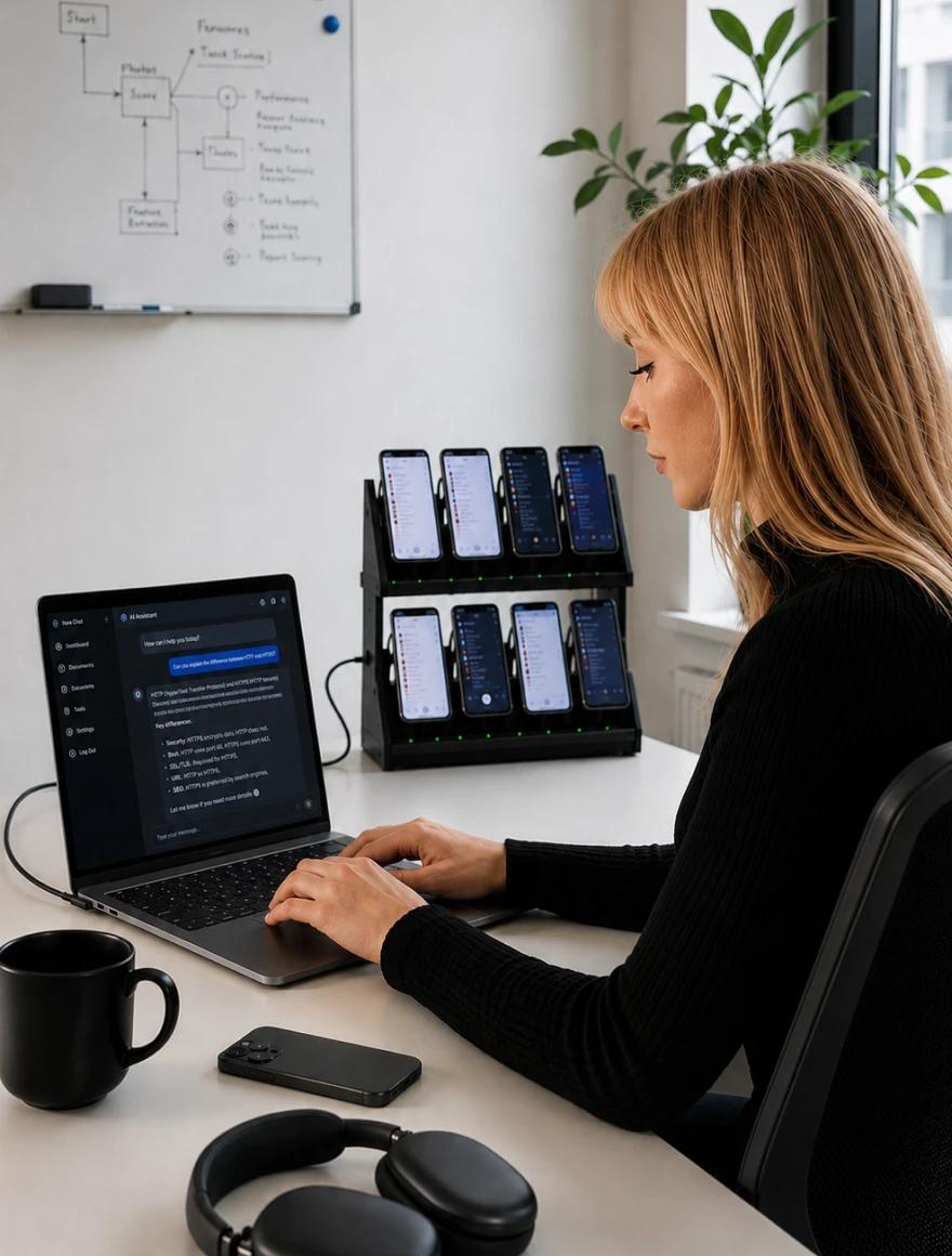 A QA engineer working at a laptop with an AI assistant open, beside a rack of test phones.