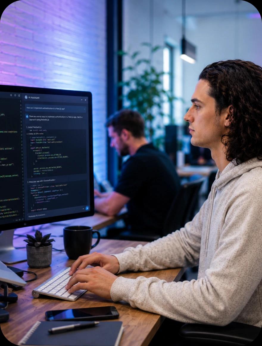 A developer at a workstation reviewing code, with overlays showing an AI-suggested test fix and the connected AI tool stack marked active.