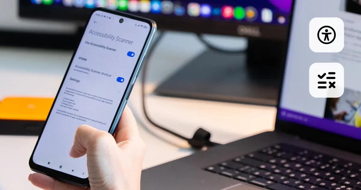Woman running accessibility scanner on a mobile device.