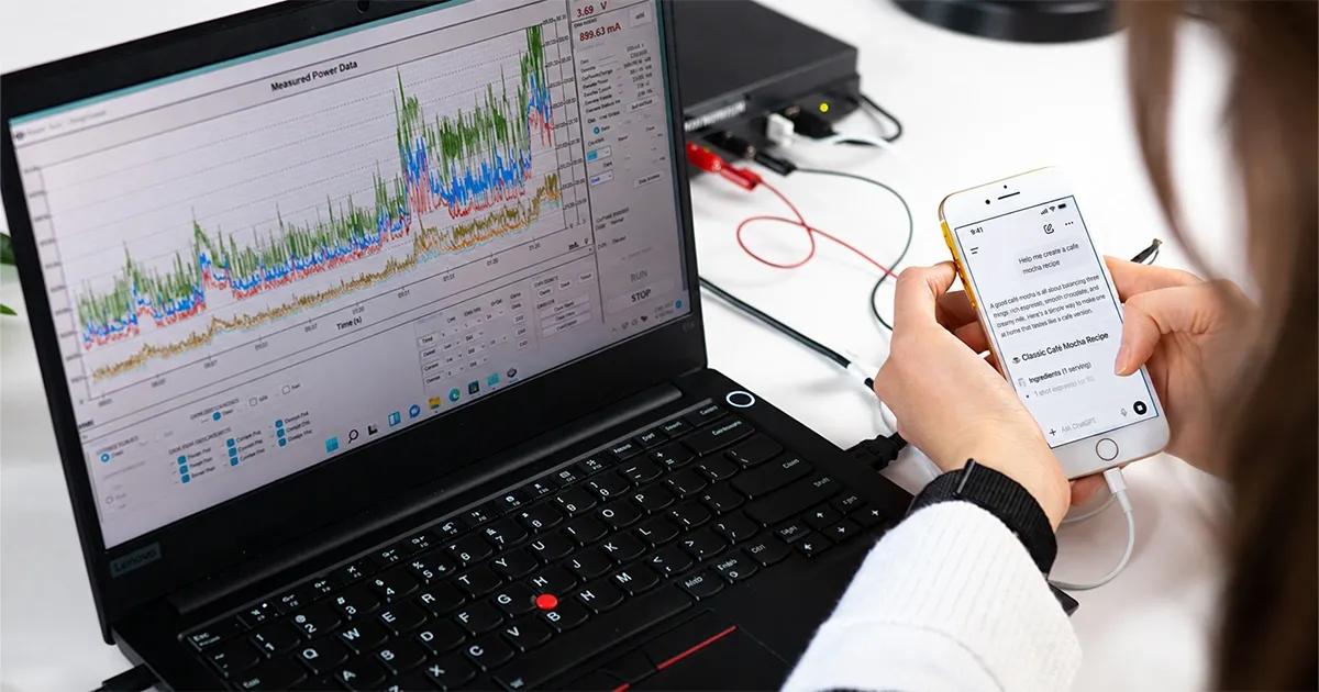 QA comparing AI app battery usage using laptop, mobile phone and the Monsoon power monitor
