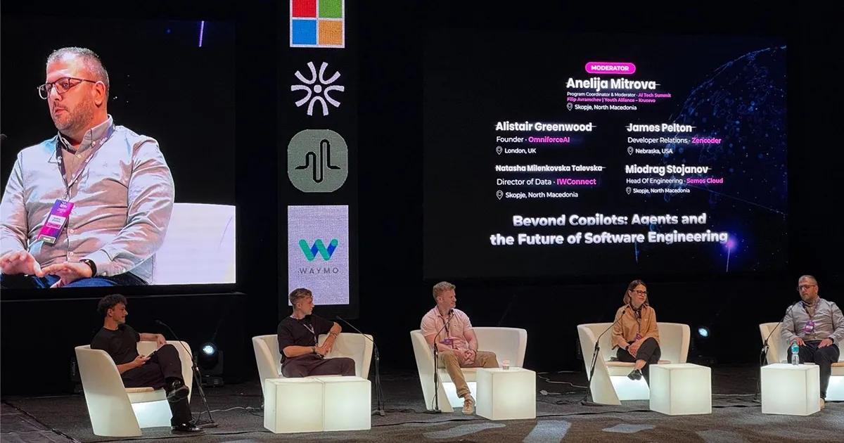 Five people on a panel talk on stage at the AI Tech Summit "Filip Avramchev" 2026